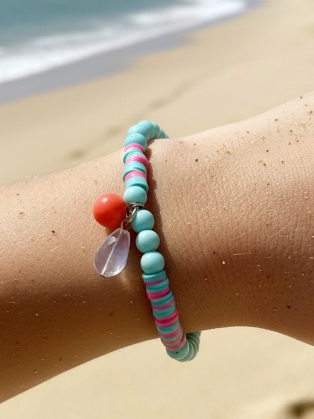 Turquoise Stretch Layering Bracelet Pink Discs Coral Charm Crystal Dangle